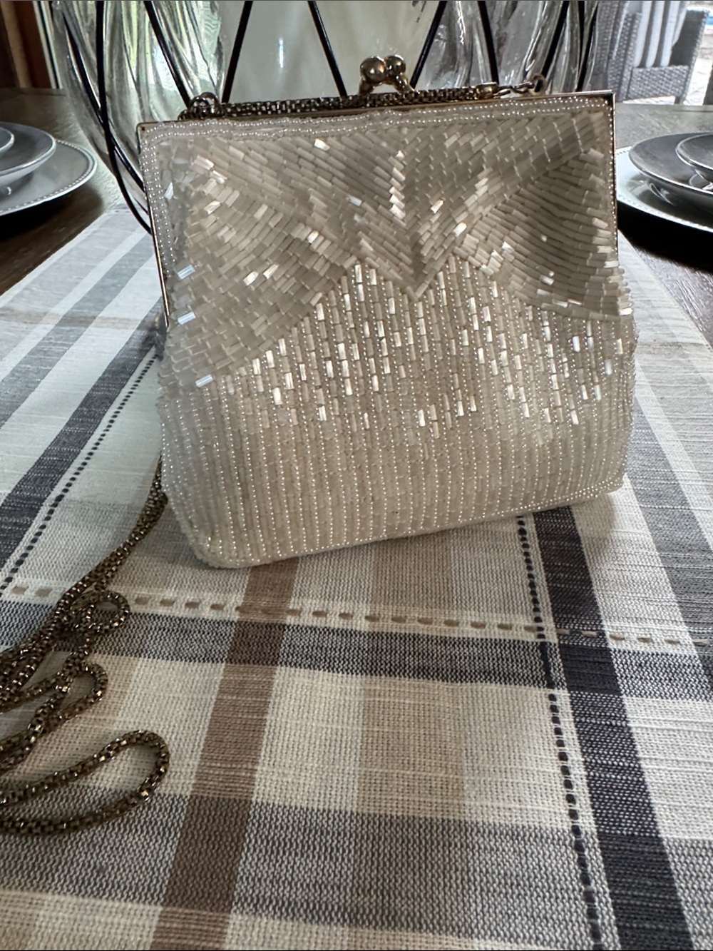 Magid Ivory Beaded Evening Wristlet with Chain